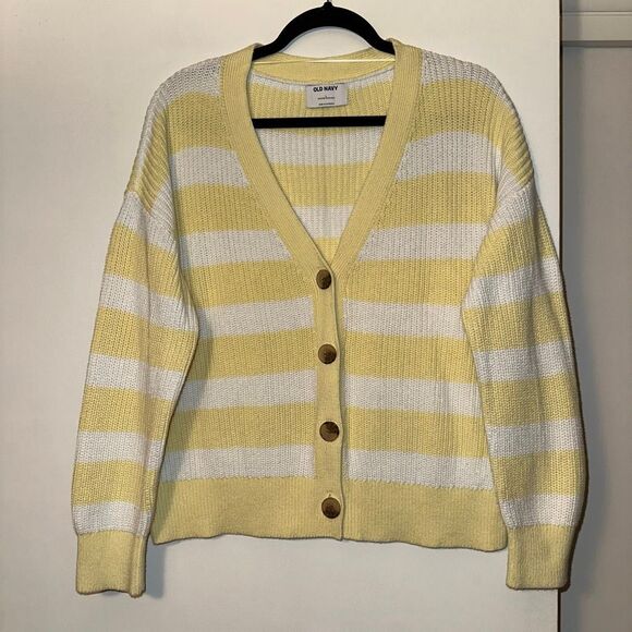 Old Navy Women’s Large Chunky Knit Cardigan Sweater White Butter Yellow Stripe - Picture 1 of 9